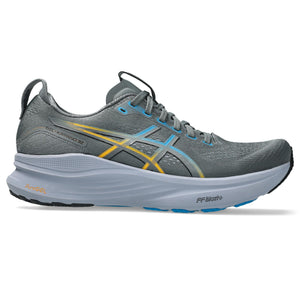 Gray running shoe with blue and yellow accents on a white background