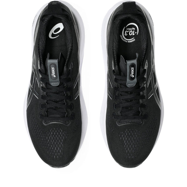 Asics is printed on the tongue of this shoe and black laces are used to match the black upper. 