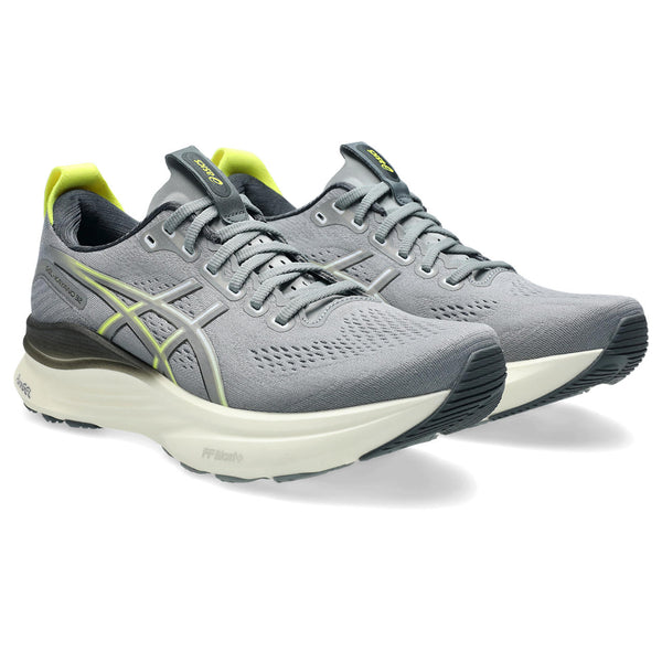 Pair of men's ASICS running shoes with a grey upper and white midsole.