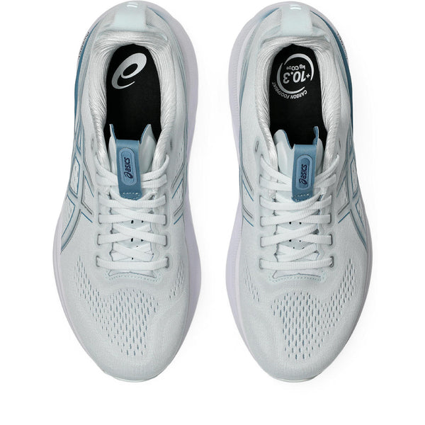 White running shoes with brand logos on a white background