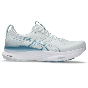 Light blue running shoe with white sole on a white background