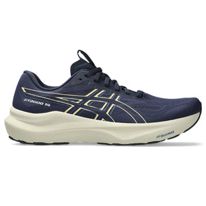 Navy running shoe with gold accents on a white background