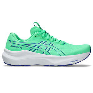 Lateral side of an ASICS running shoe in a bright green color.