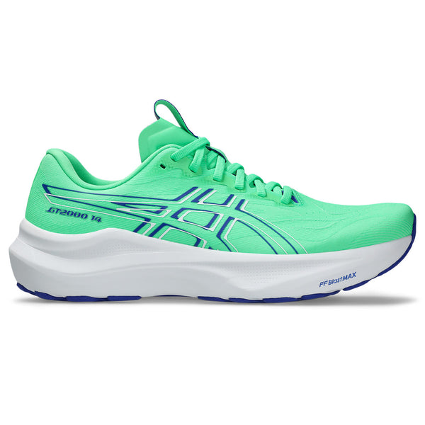 Lateral side of an ASICS running shoe in a bright green color.