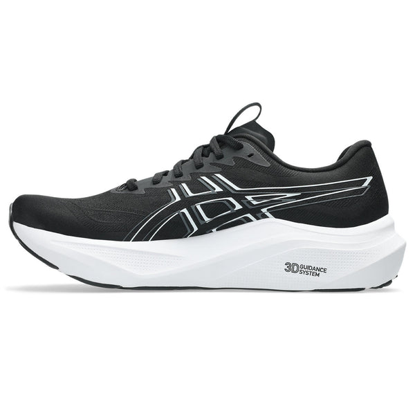 A white and grey Asics logo is printed in the middle of the black upper on both the lateral and medial sides of this shoe. 