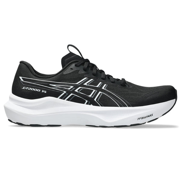 This shoe has the style name GT-2000 14 printed near the heel on the lateral side of the black upper. 