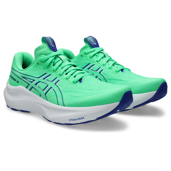 A pair of bright green ASICS running sheos.