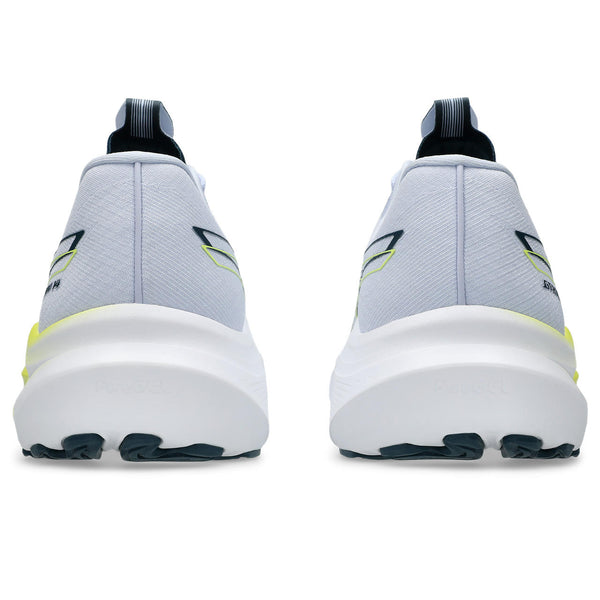 A view of the back of the shoe shows the all white upper and midsole. 