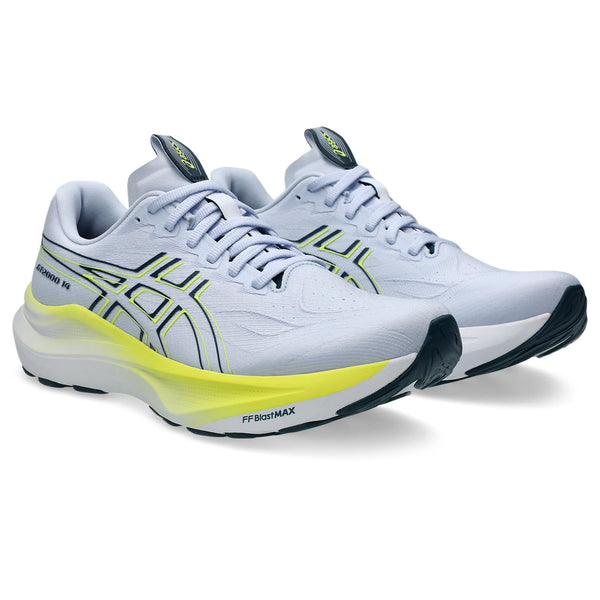 The Asics logo is printed in blue and yellow on the lateral and medial sides of the upper. 