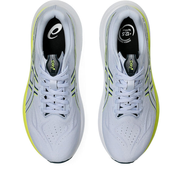 The birds-eye view of this shoe shows white laces and navy blue insoles. 