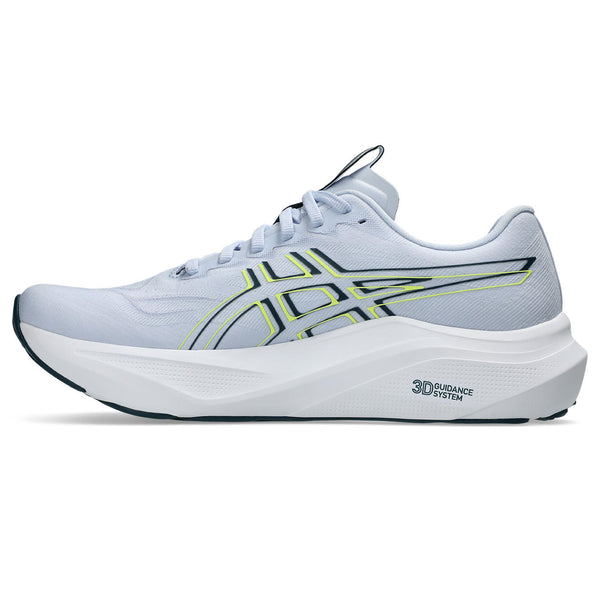 This GT-2000 14 features a white upper and midsole with pops of blue and yellow. 