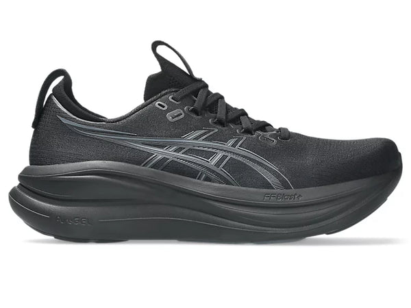 This Nimbus 28 has a black upper and a black midsole. 