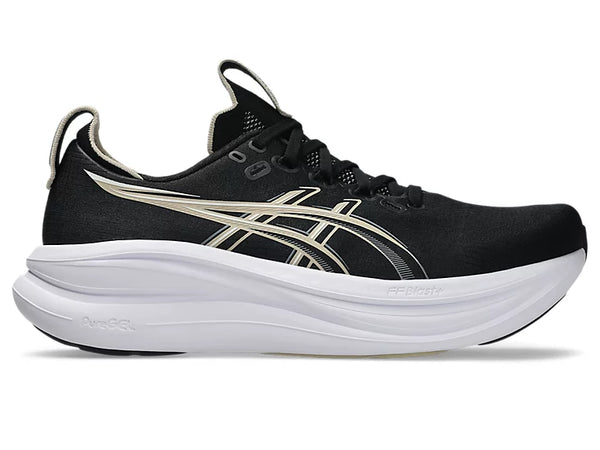 This Nimbus 28 has a black upper and a white midsole. 