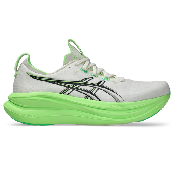 This Nimbus 28 has a white upper and a neon green midsole. 