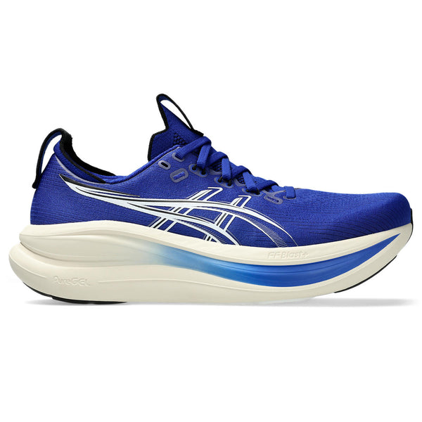 Blue ASICS running shoe with white sole on a white background