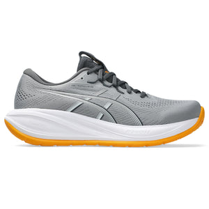 Gray and oragne ASICS running shoe with white sole and orange heel on a white background.
