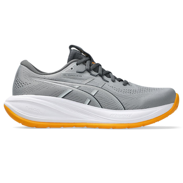 Gray and oragne ASICS running shoe with white sole and orange heel on a white background.