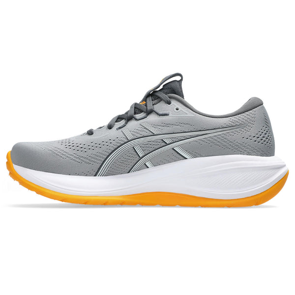 medial side of a gray ASICS Cumulus 28 running shoe with orange sole on a white background.