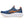 Blue and orange running shoe with white sole on a white background