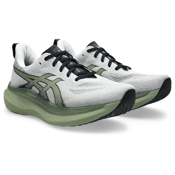 A sage green Asics logo is in the middle of the upper on both sides.