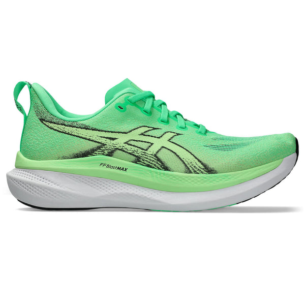 Green ASICS unning shoe on a white background.