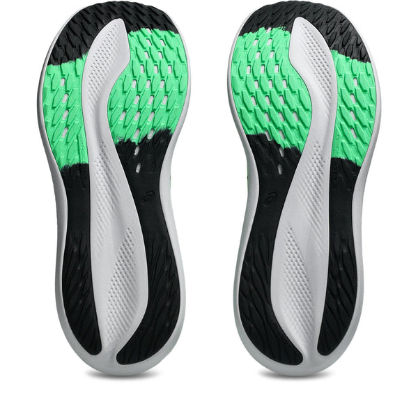 Two shoe insoles with green and black pattern on a white background