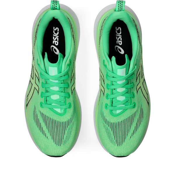 Pair of green running shoes with Asics logo on a white background
