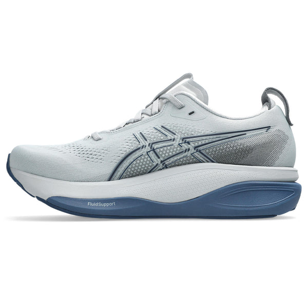 The top half of the midsole is grey and the bottom half is blue. 