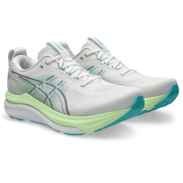 A grey and teal Asics logo is in the middle of the upper on both sides. 