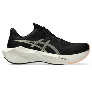The men's ASICS running shoe is mostly all black with a big ASICS logo in the middle.