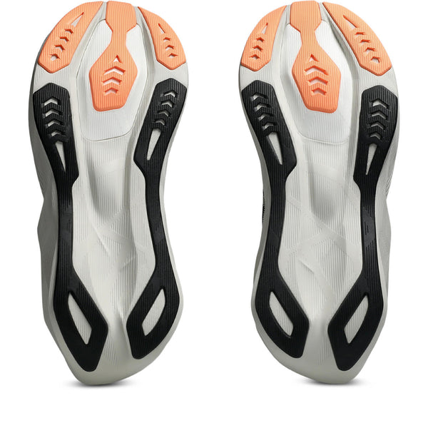 The outsole of this mens running shoe has strips of rubber around the outside of the shoe.