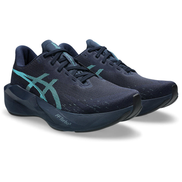 A aqua Asics logo is in the middle of the upper on both sides.
