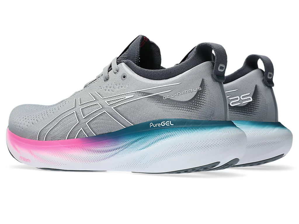 Back angle view of the Women's ASICS Nimbus 25 in the color Sheet Rock/White