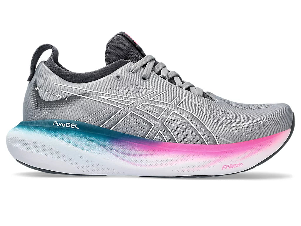 Lateral view of the Women's ASICS Nimbus 25 in the color Sheet Rock/White