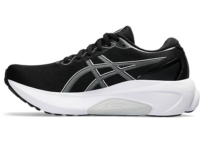 Medial view of the Women's Kayano 30 by ASICS in the wide D width, color Black/Sheet/Rock