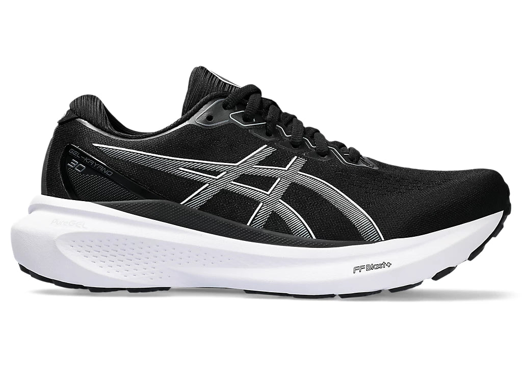 Lateral view of the Women's Kayano 30 by ASICS in the wide D width, color Black/Sheet/Rock