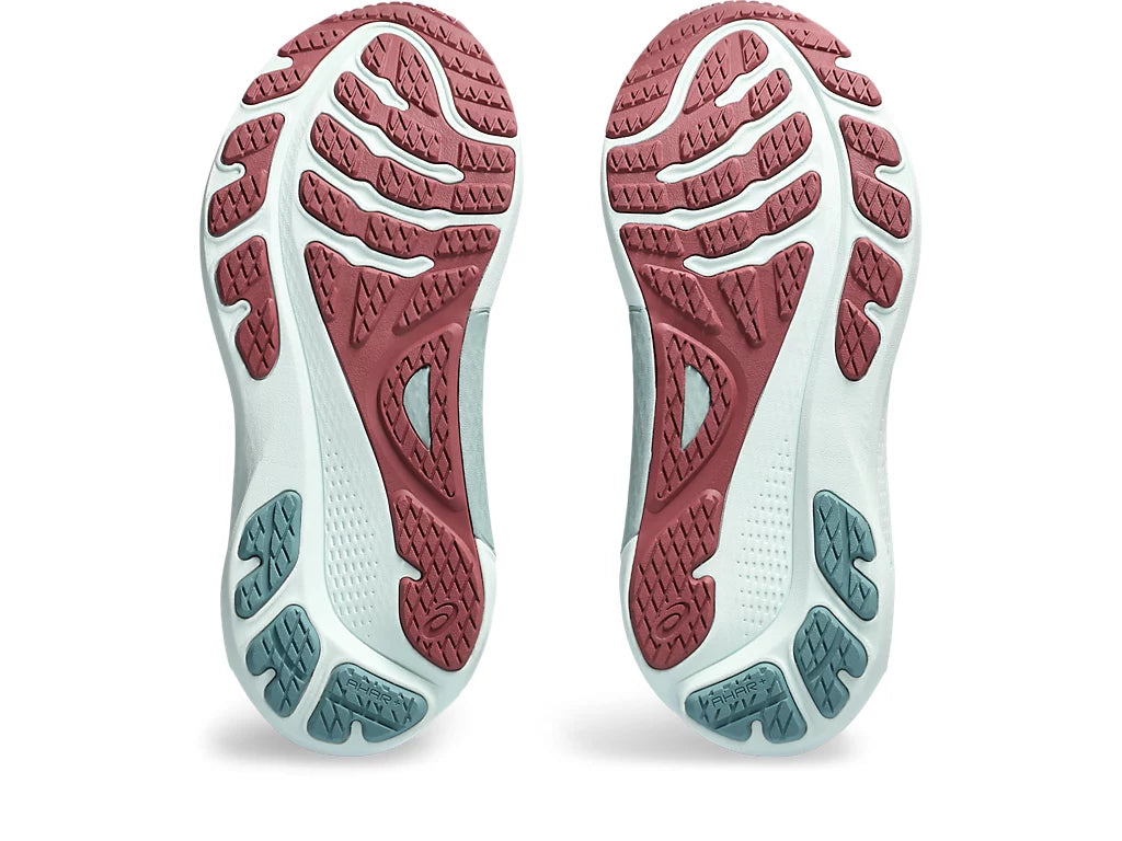 Bottom (outer sole) view of the Women's ASICS Kayano 30 in the color French Blue/Light Garnet