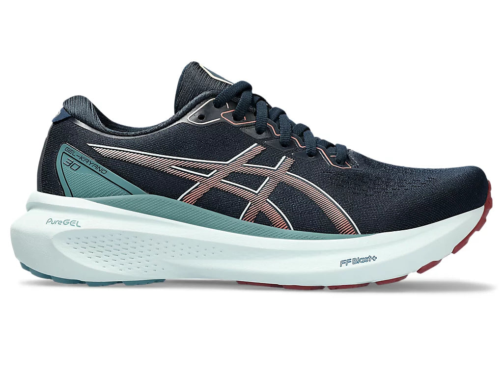 Lateral view of the Women's ASICS Kayano 30 in the color French Blue/Light Garnet