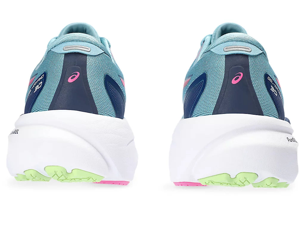 Back view of the ASICS Women's Kayano 30 in the color Gris Blue/Lime Green