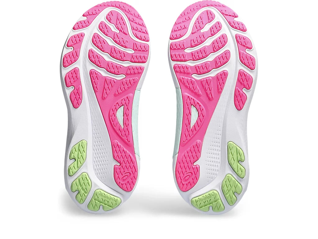 Bottom (outer sole) view of the ASICS Women's Kayano 30 in the color Gris Blue/Lime Green