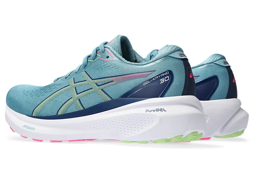 Back angle view of the ASICS Women's Kayano 30 in the color Gris Blue/Lime Green