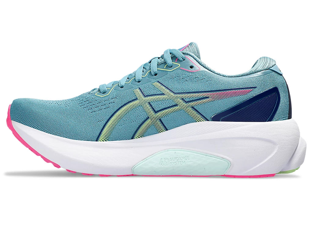 Medial view of the ASICS Women's Kayano 30 in the color Gris Blue/Lime Green
