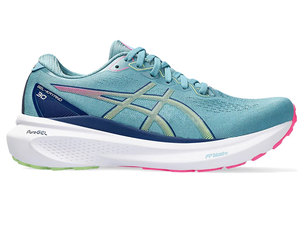 Lateral view of the ASICS Women's Kayano 30 in the color Gris Blue/Lime Green