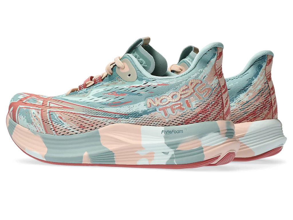 Back angle view of the Women's Noosa Tri 15 by ASICS in the color Pure Aqua/Pale Apricot