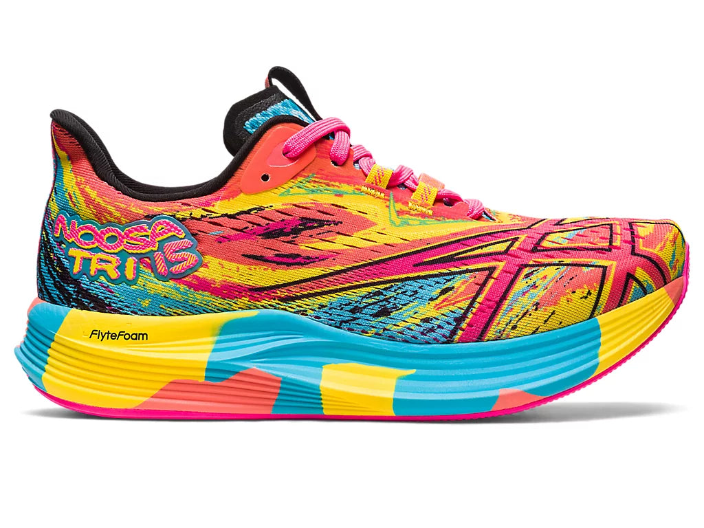 Lateral view of the Women's Noosa Tri 15 by ASICS in the color Aquarium/Vibrant Yellow