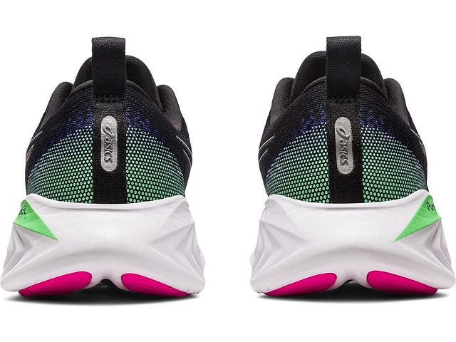 Back view of the Women's Cumulus 25 by ASICS in the color Black/Pink Rave
