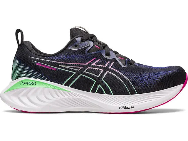 Lateral view of the Women's Cumulus 25 by ASICS in the color Black/Pink Rave