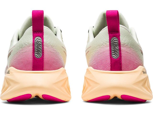 Back view of the Women's Cumulus 25 by ASICS in the color Whisper Green/Pink Rave