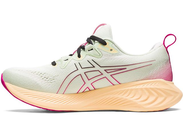 Medial view of the Women's Cumulus 25 by ASICS in the color Whisper Green/Pink Rave