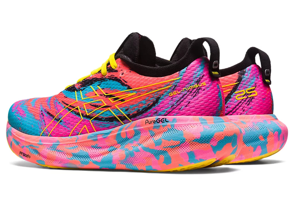 Back angle view of the Women's ASICS Gel Nimbus 25 in the color Aquarium/Vibrant Yellow
